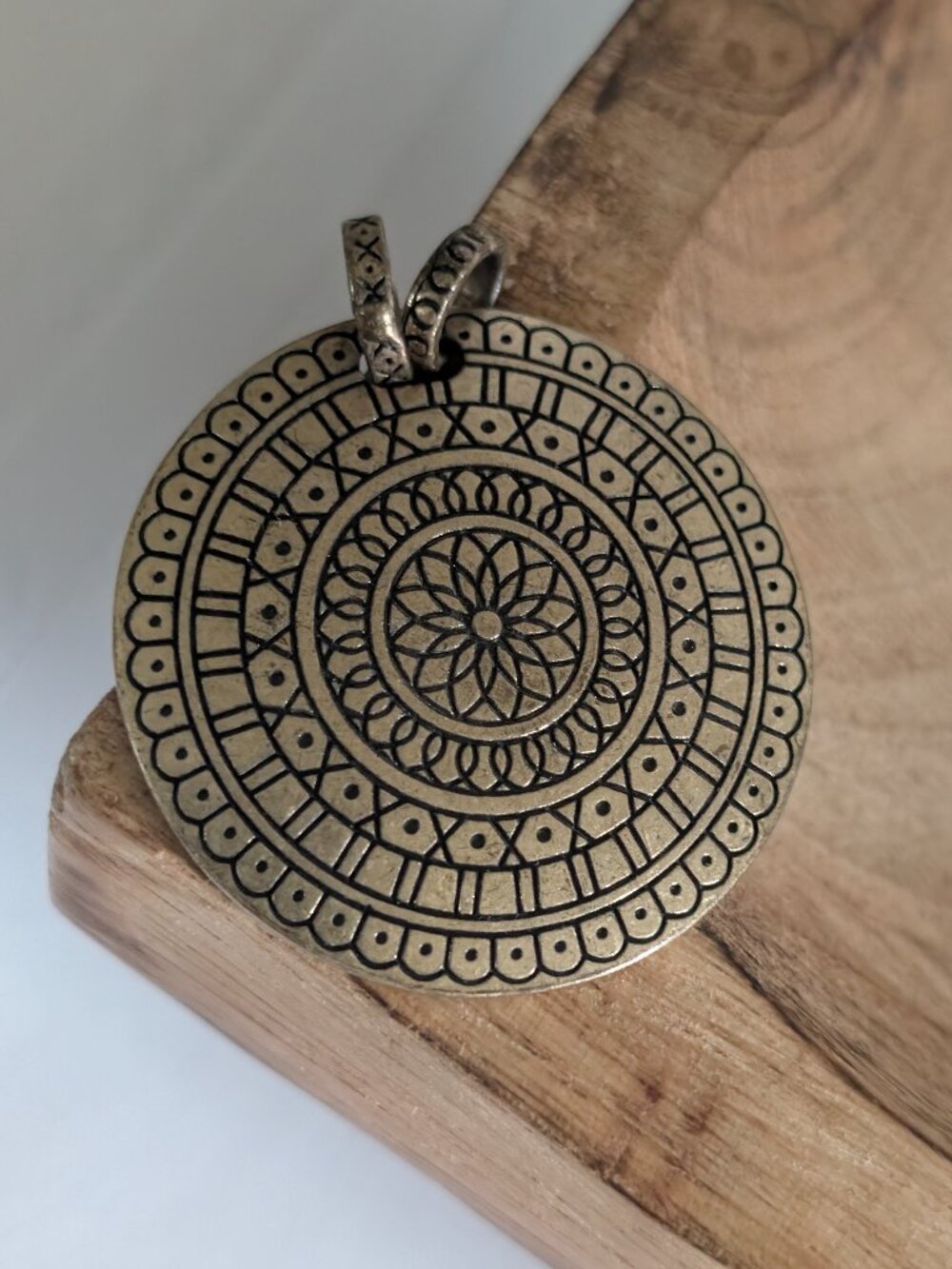 Vintage Engraved Boho Mandala Pendant Gold-Bronze Toned Black Engraving 1.75"